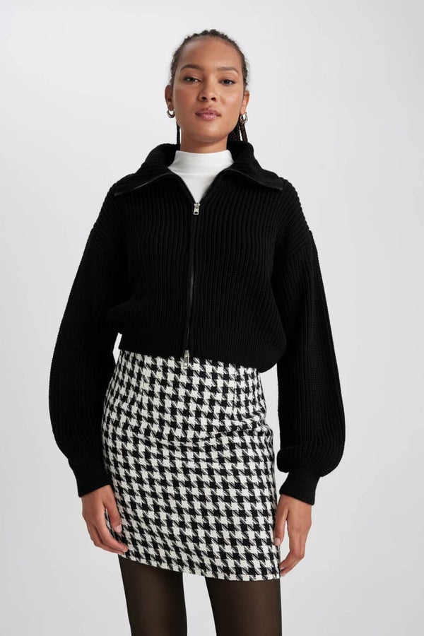 Slim Fit Slim Cut Polo Collar Zippered Knitwear Cardigan