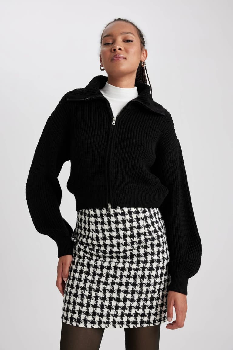 Slim Fit Slim Cut Polo Collar Zippered Knitwear Cardigan