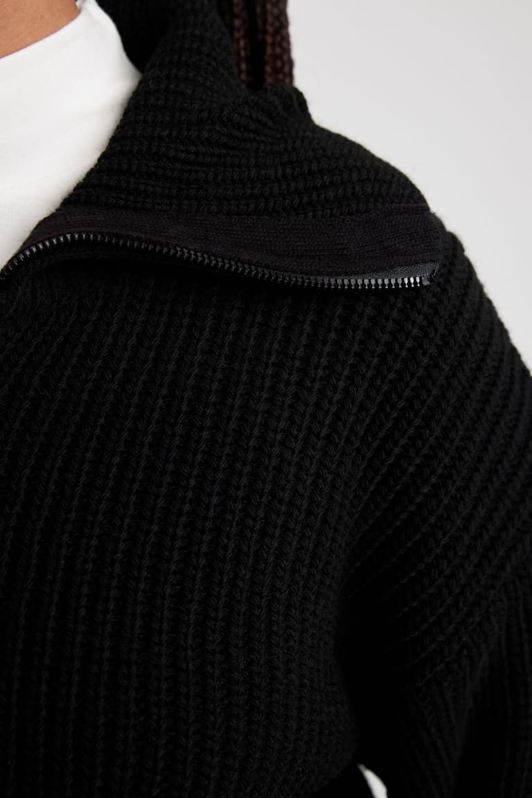 Slim Fit Slim Cut Polo Collar Zippered Knitwear Cardigan