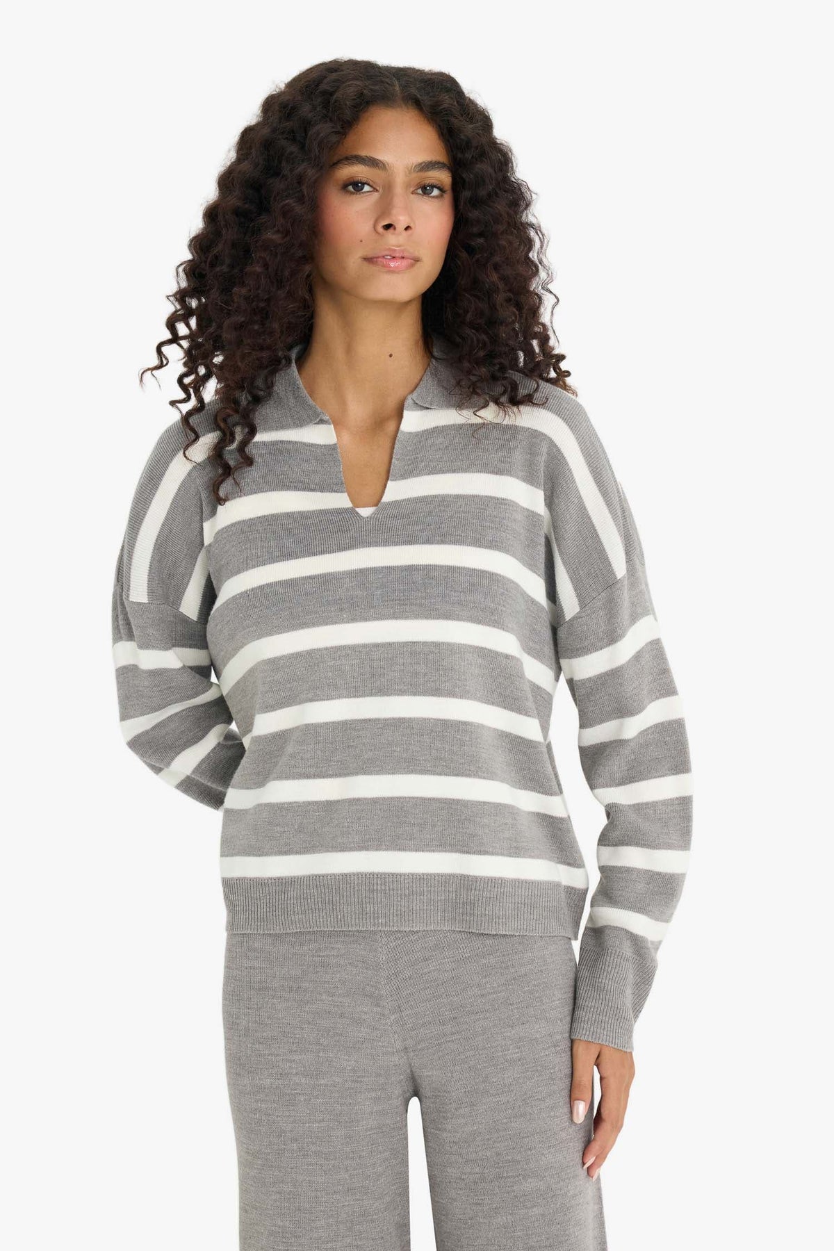 Relax Fit Polo Collar Striped Knitwear Pullover