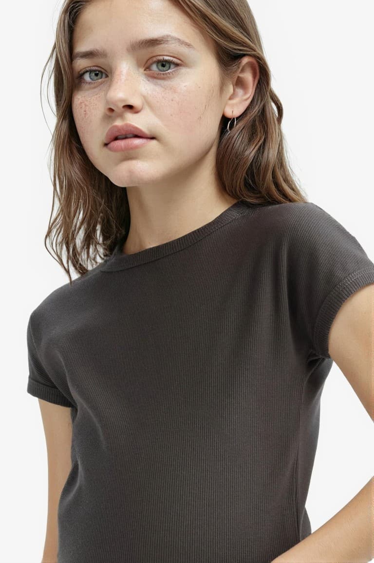 Girl Slim Fit Crew Neck Basic Corduroy T-shirt Main image