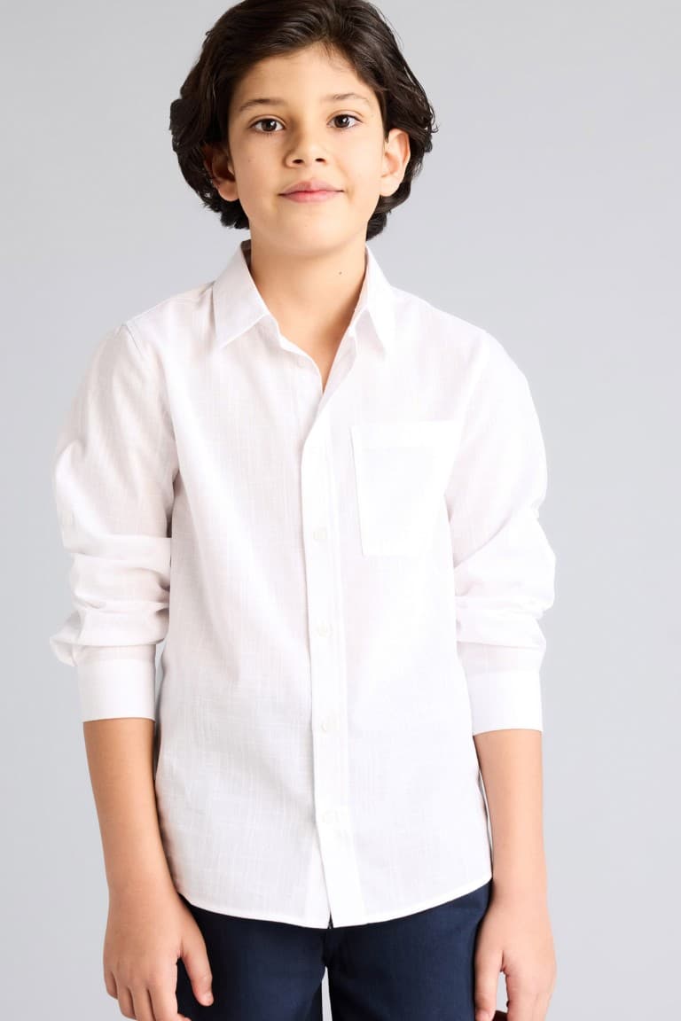 Boys Polo Collar Linen Look Long Sleeve Shirt