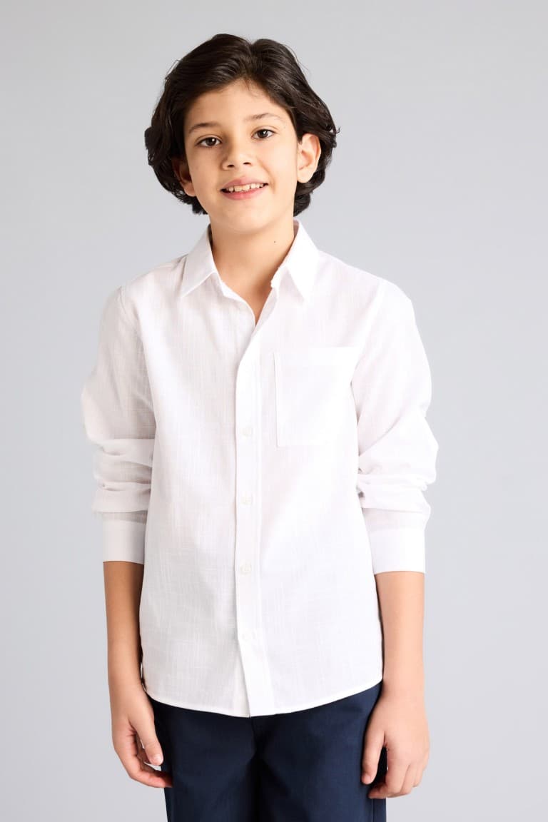 Boys Polo Collar Linen Look Long Sleeve Shirt