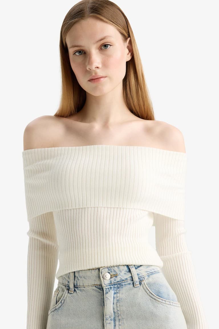 Slim Fit Narrow Cut Off-Shoulder Knit Sweater Main image