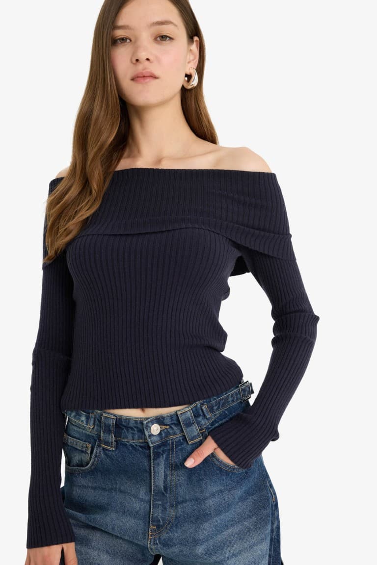 Slim Fit Narrow Cut Off-Shoulder Knit Sweater Main image