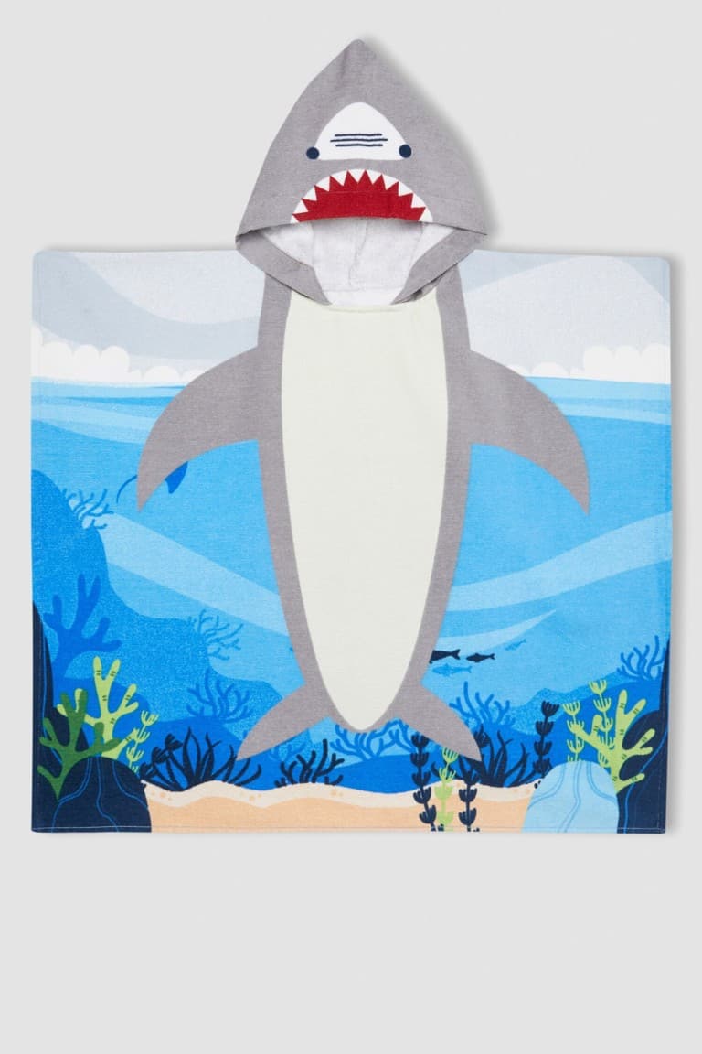 Boy Shark Patterned Cotton Poncho Towel