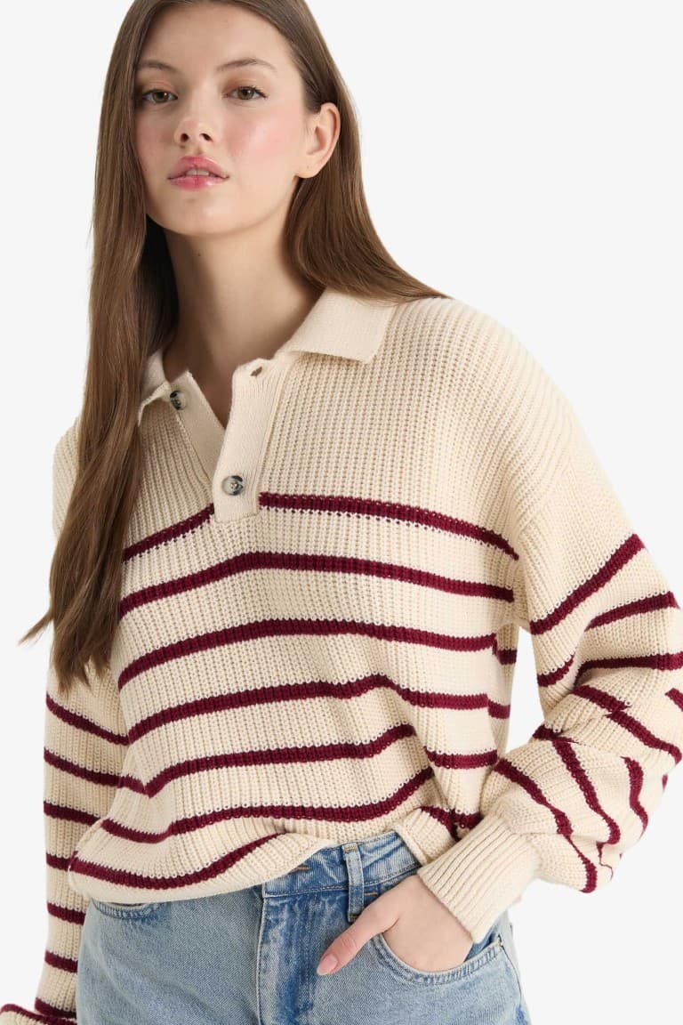 Cool Relax Fit Polo Collar Button-Down Striped Knit Sweater Main image