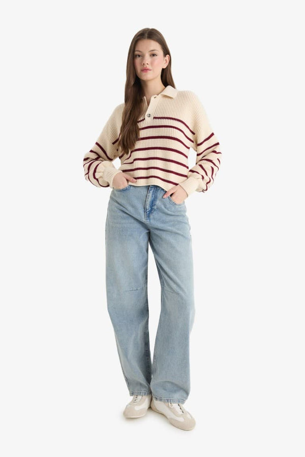 Cool Relax Fit Polo Collar Button-Down Striped Knit Sweater