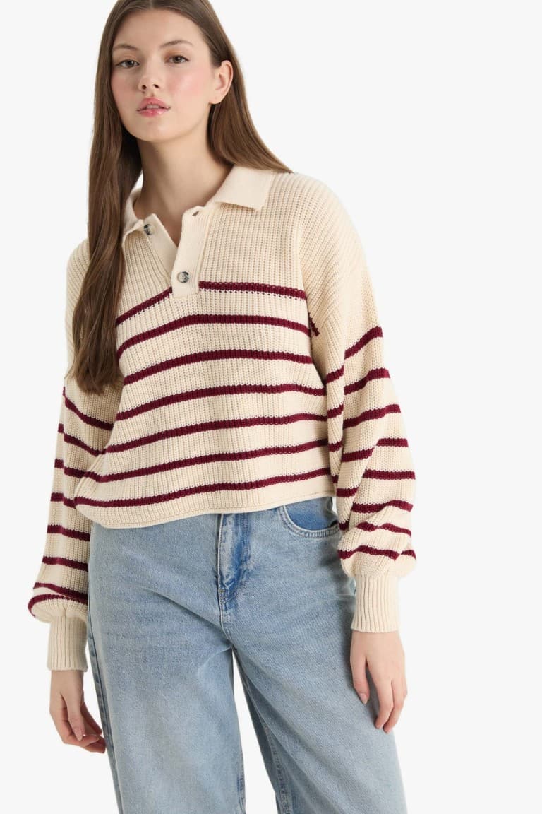 Cool Relax Fit Polo Collar Button-Down Striped Knit Sweater