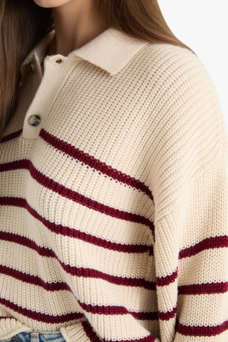 Cool Relax Fit Polo Collar Button-Down Striped Knit Sweater