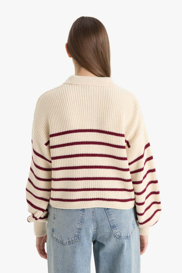 Cool Relax Fit Polo Collar Button-Down Striped Knit Sweater