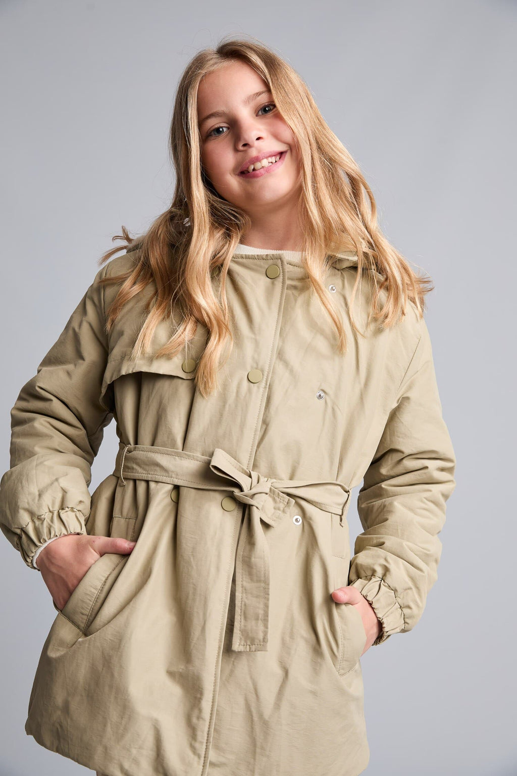 Girl Water Repellent Hooded Snap Fastener Waist Belt Faux Fur Lined Long Raincoat