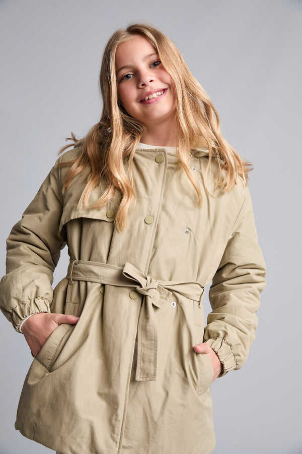 Girl Water Repellent Hooded Snap Fastener Waist Belt Faux Fur Lined Long Raincoat