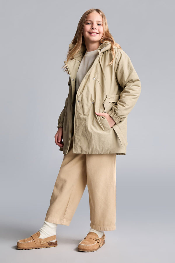 Girl Water Repellent Hooded Snap Fastener Waist Belt Faux Fur Lined Long Raincoat