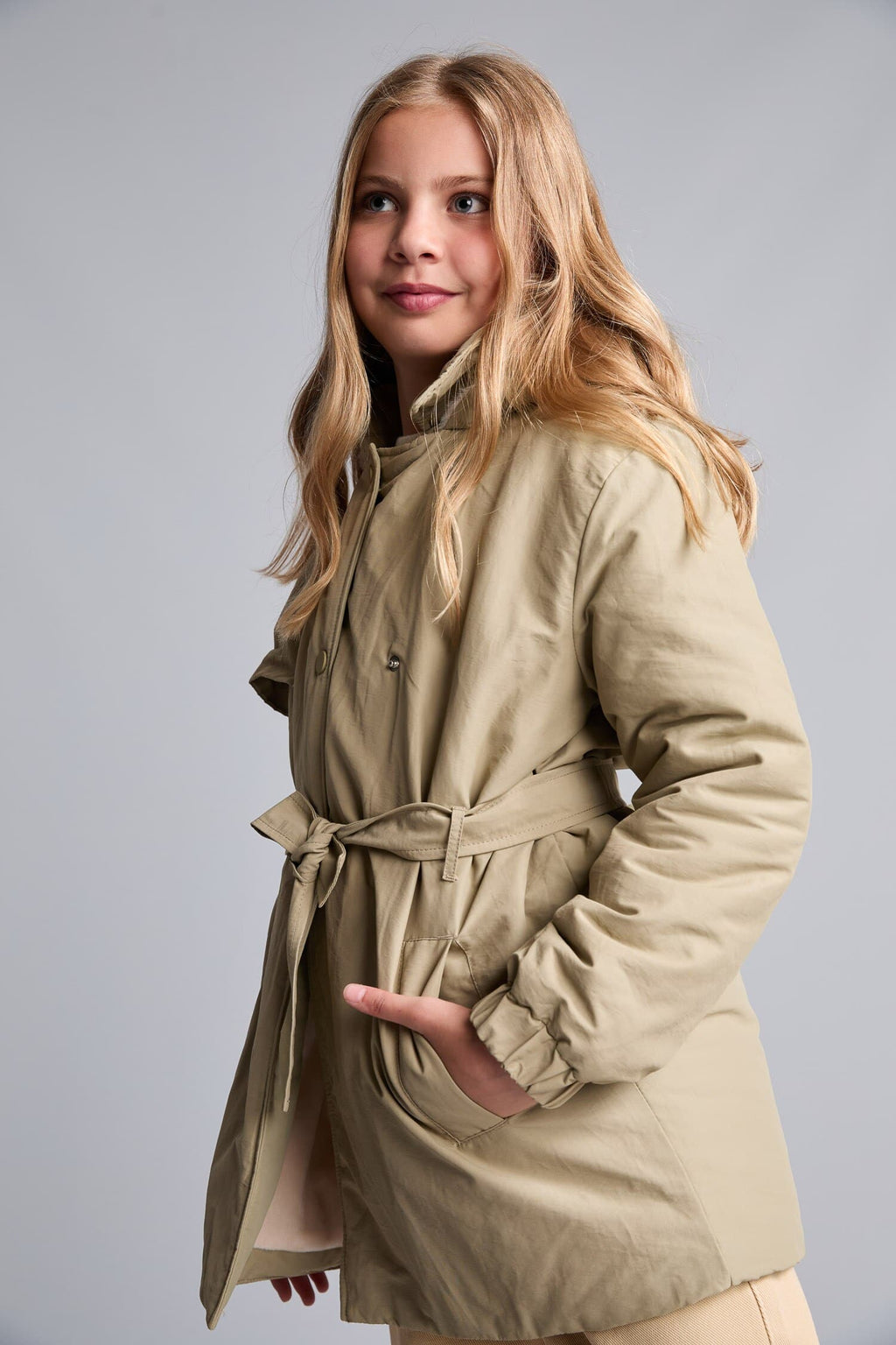 Girl Water Repellent Hooded Snap Fastener Waist Belt Faux Fur Lined Long Raincoat