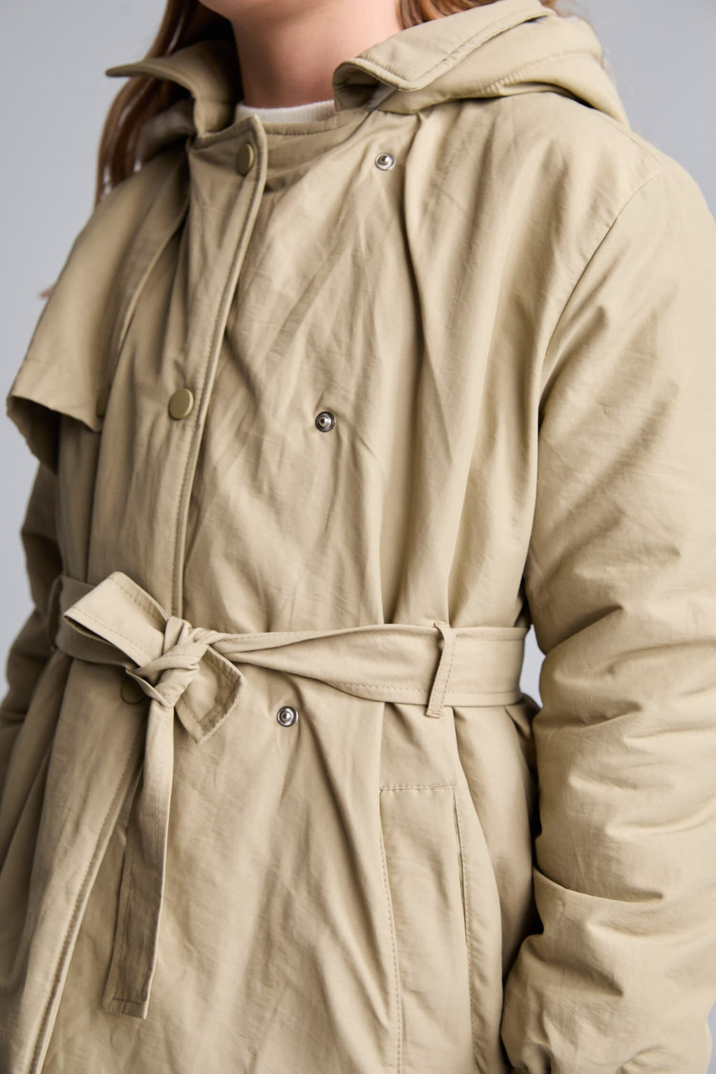 Girl Water Repellent Hooded Snap Fastener Waist Belt Faux Fur Lined Long Raincoat