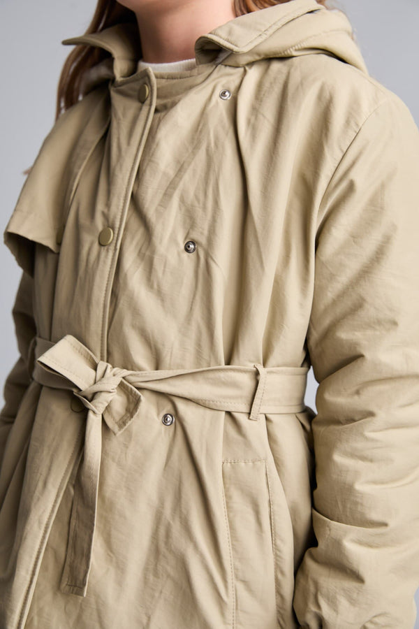 Girl Water Repellent Hooded Snap Fastener Waist Belt Faux Fur Lined Long Raincoat