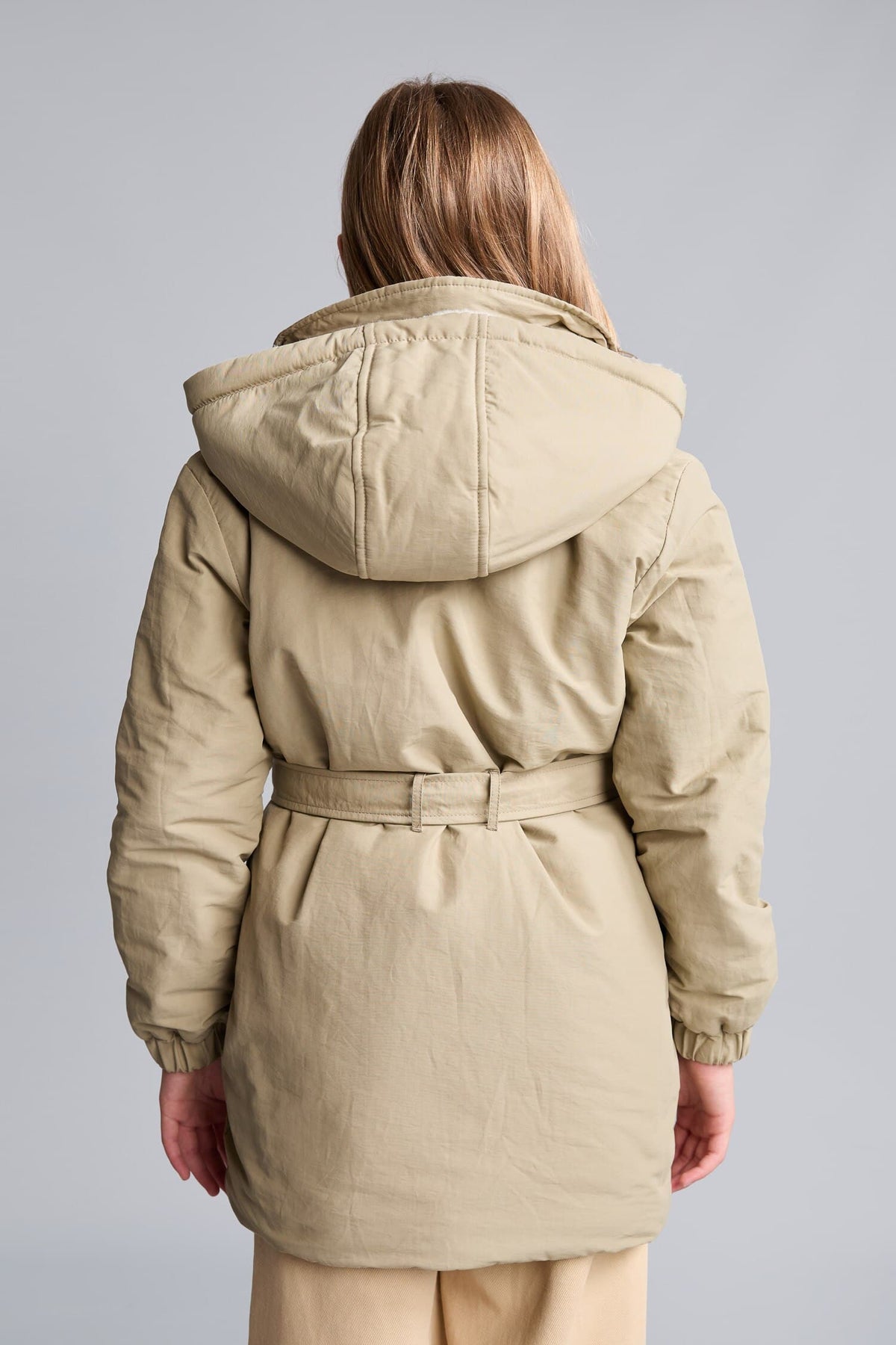 Girl Water Repellent Hooded Snap Fastener Waist Belt Faux Fur Lined Long Raincoat
