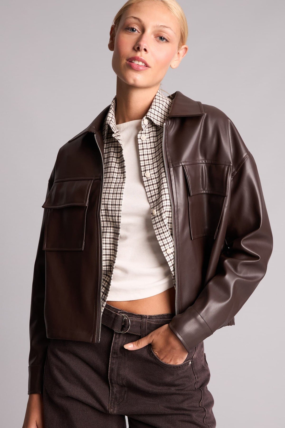 Regular Fit Shirt Collar Faux Leather Long Sleeve Shirt Main image