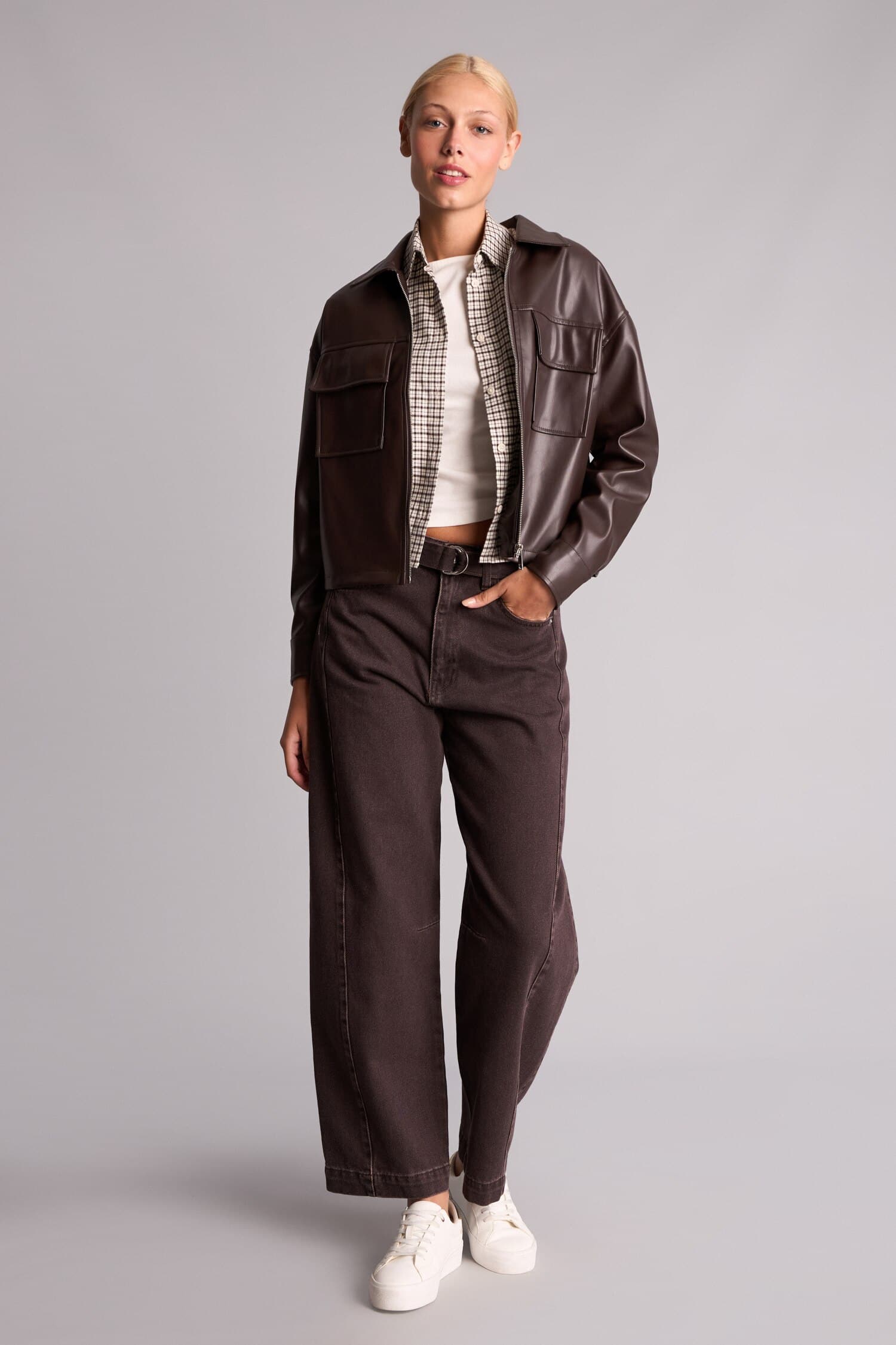 Regular Fit Shirt Collar Faux Leather Long Sleeve Shirt Secondary image