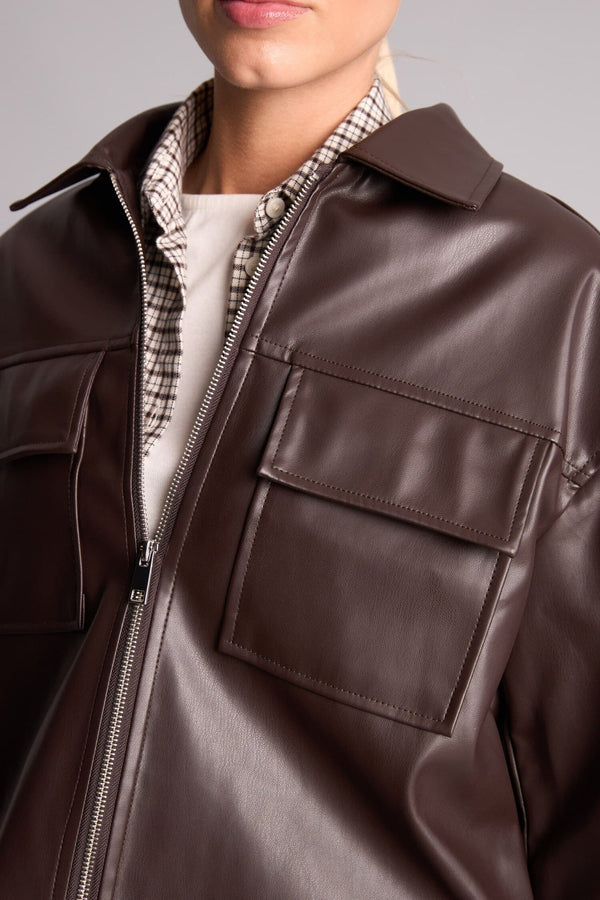 Regular Fit Shirt Collar Faux Leather Long Sleeve Shirt