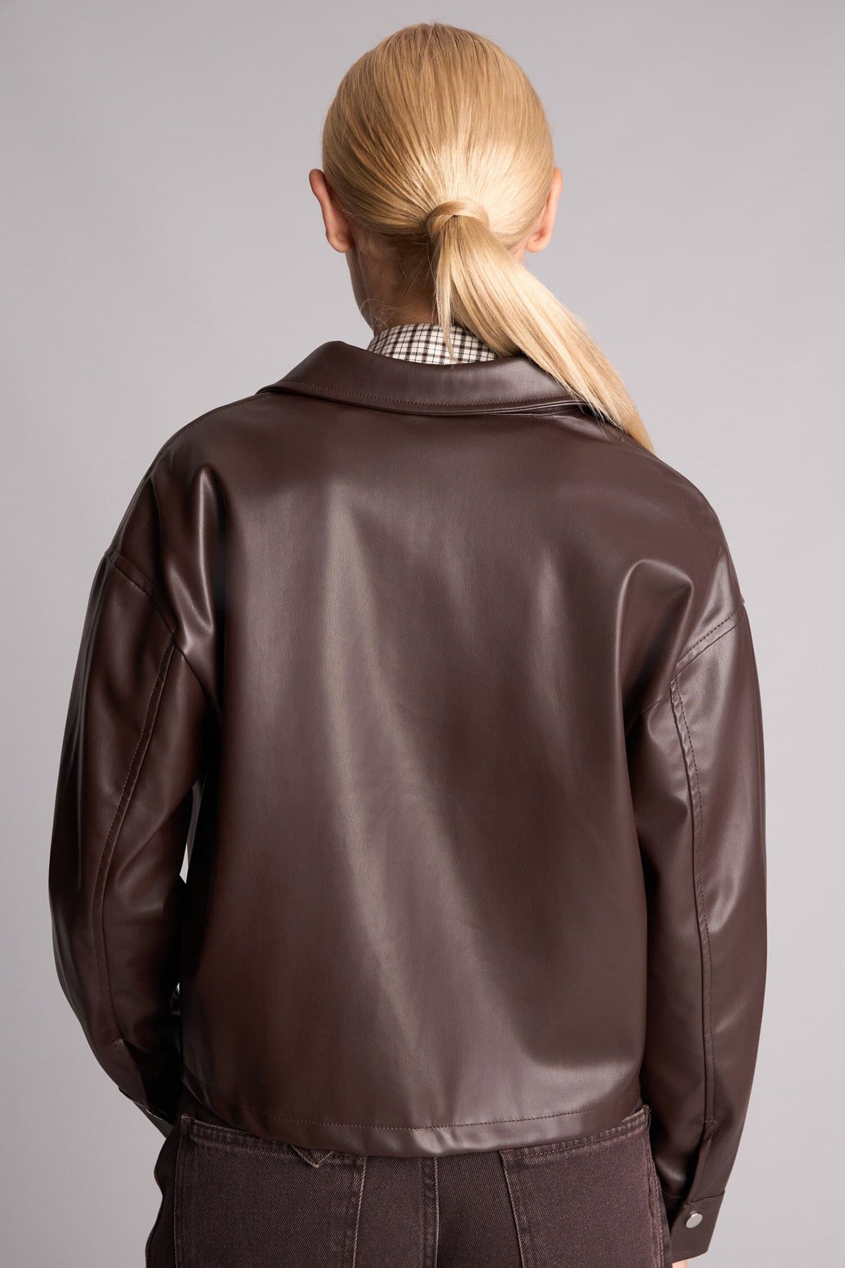 Regular Fit Shirt Collar Faux Leather Long Sleeve Shirt