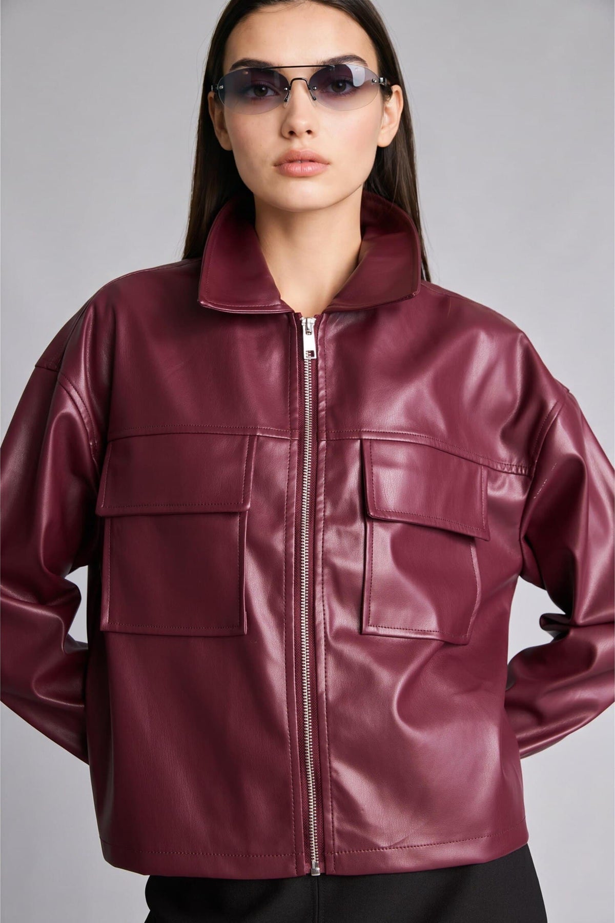 Regular Fit Shirt Collar Faux Leather Long Sleeve Shirt Main image