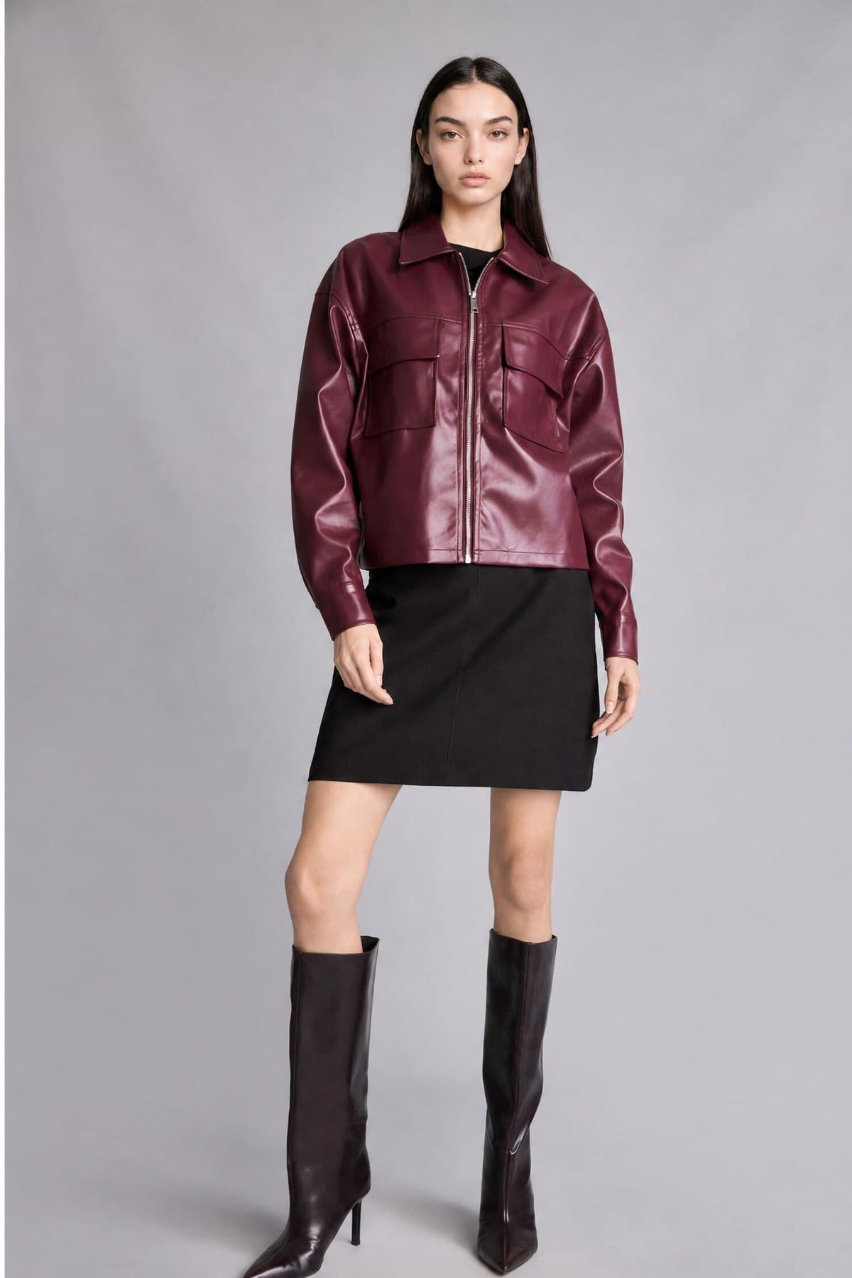 Regular Fit Shirt Collar Faux Leather Long Sleeve Shirt