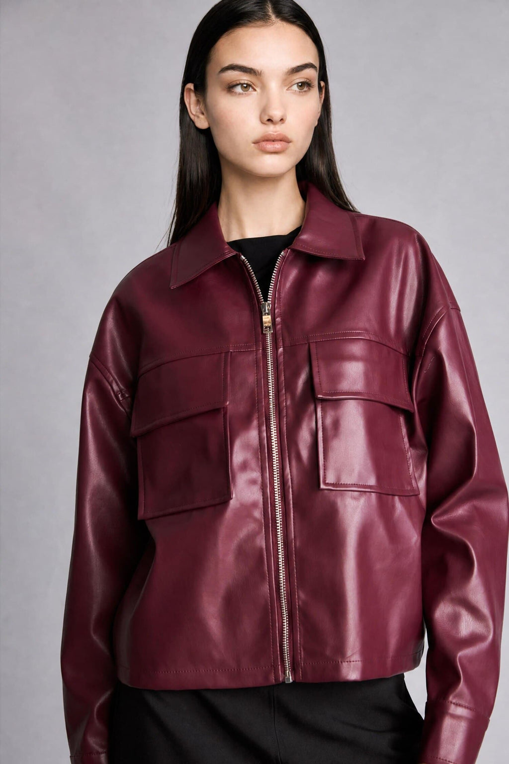 Regular Fit Shirt Collar Faux Leather Long Sleeve Shirt
