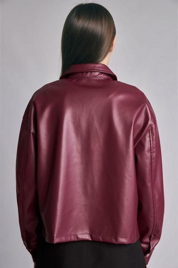 Regular Fit Shirt Collar Faux Leather Long Sleeve Shirt