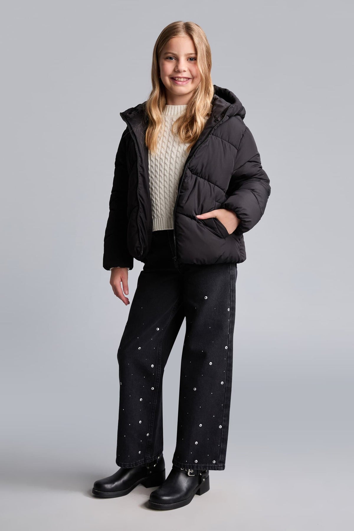 Girls Water-Repellent Hooded Zippered Puffer Coat