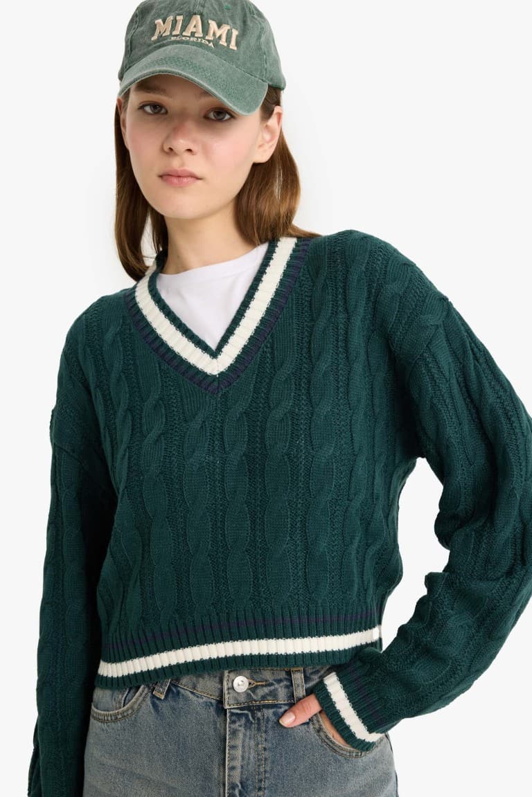 Regular Fit V-Neck Cable Knit Sweater