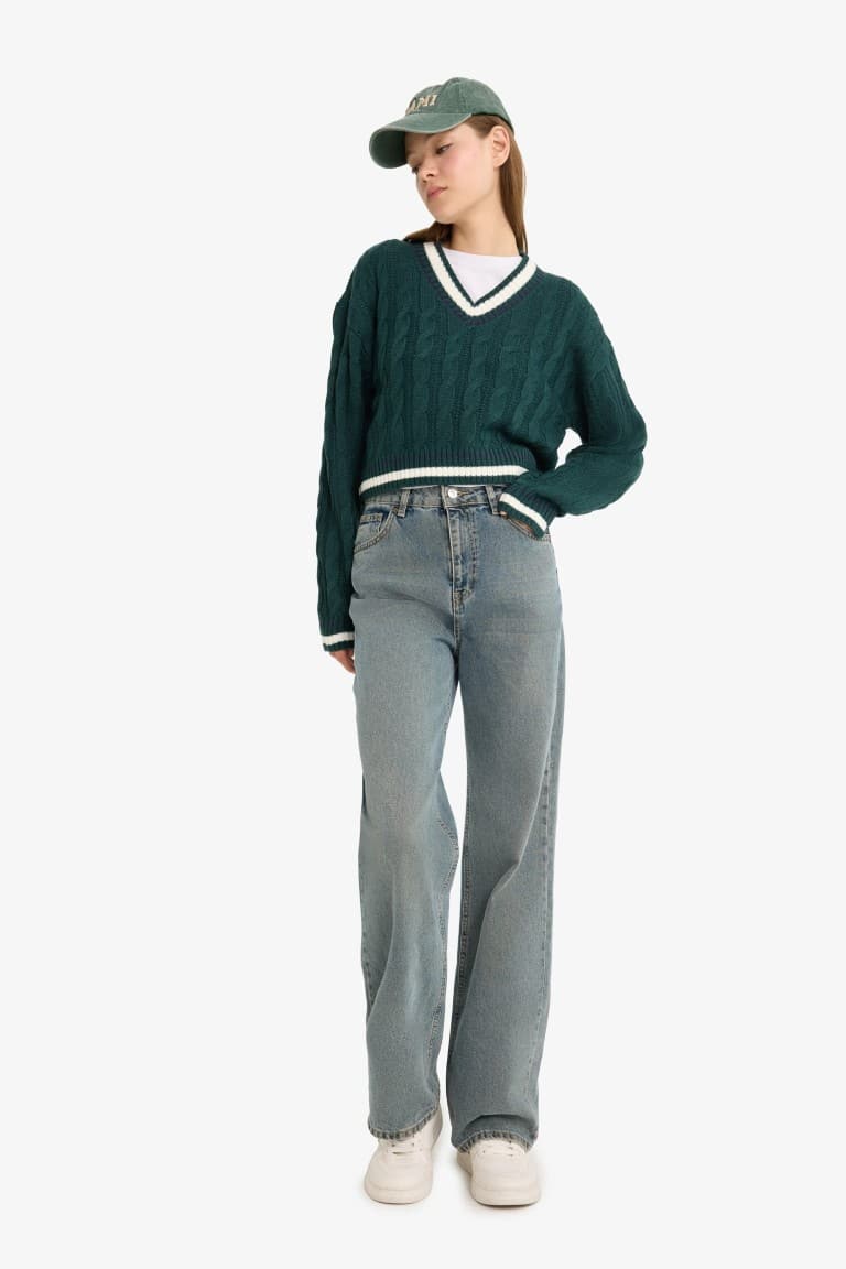 Regular Fit V-Neck Cable Knit Sweater