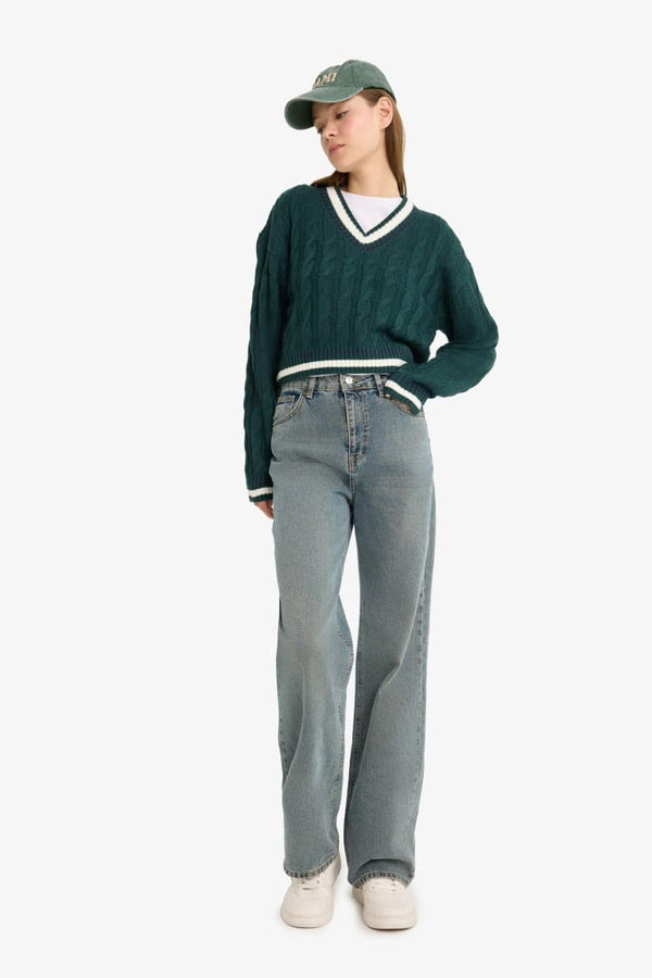 Regular Fit V-Neck Cable Knit Sweater