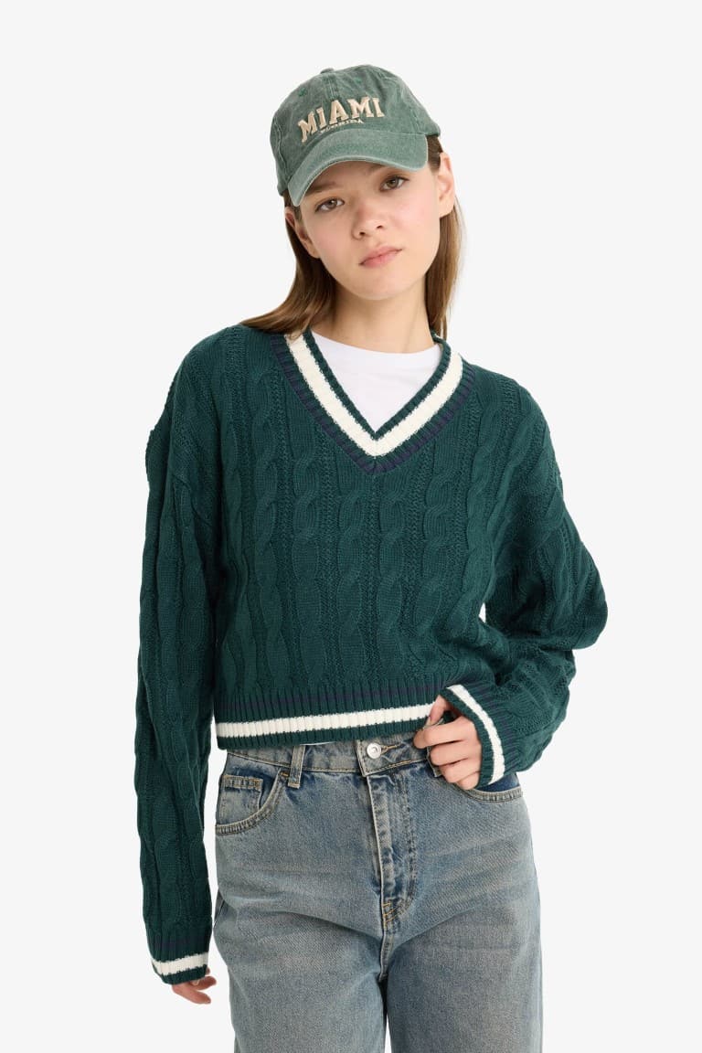 Regular Fit V-Neck Cable Knit Sweater