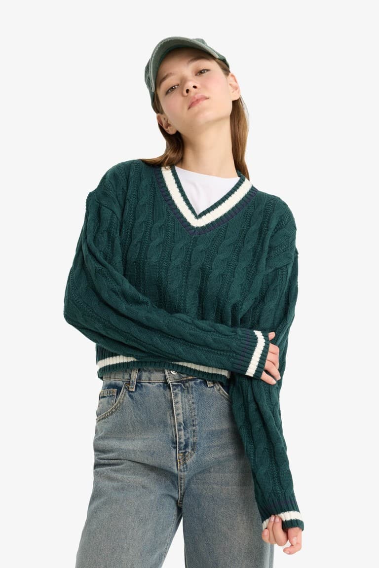 Regular Fit V-Neck Cable Knit Sweater