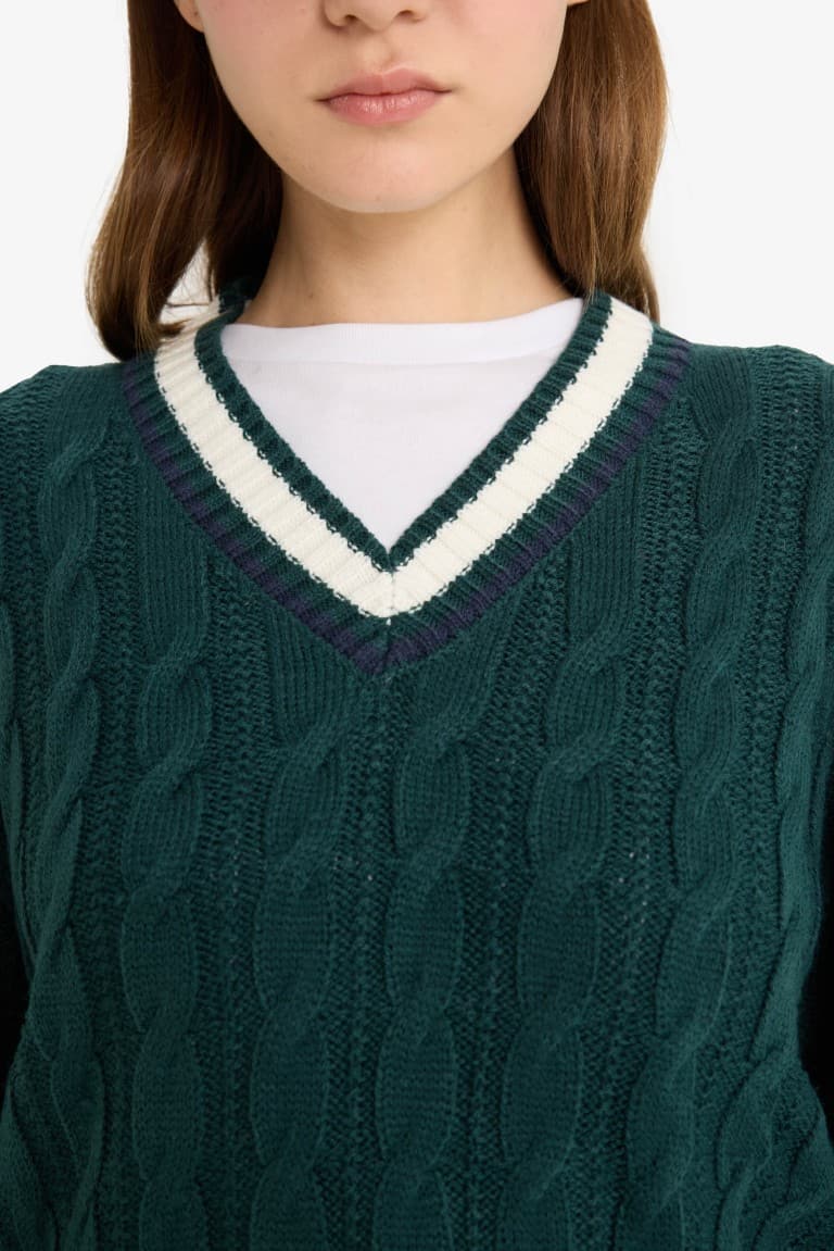 Regular Fit V-Neck Cable Knit Sweater