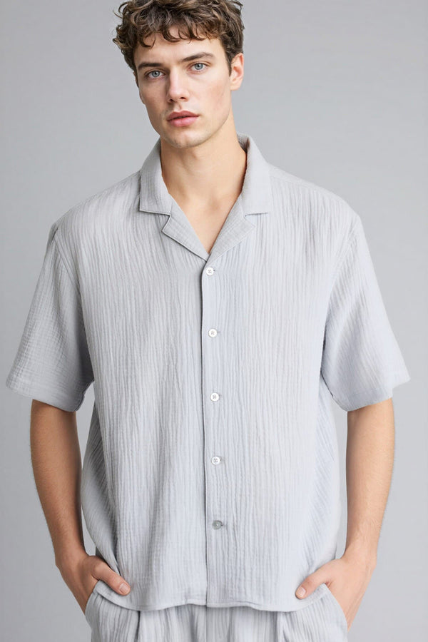 100% Cotton Relax Fit Polo Collar Cotton Summer Muslin Short Sleeve Shirt