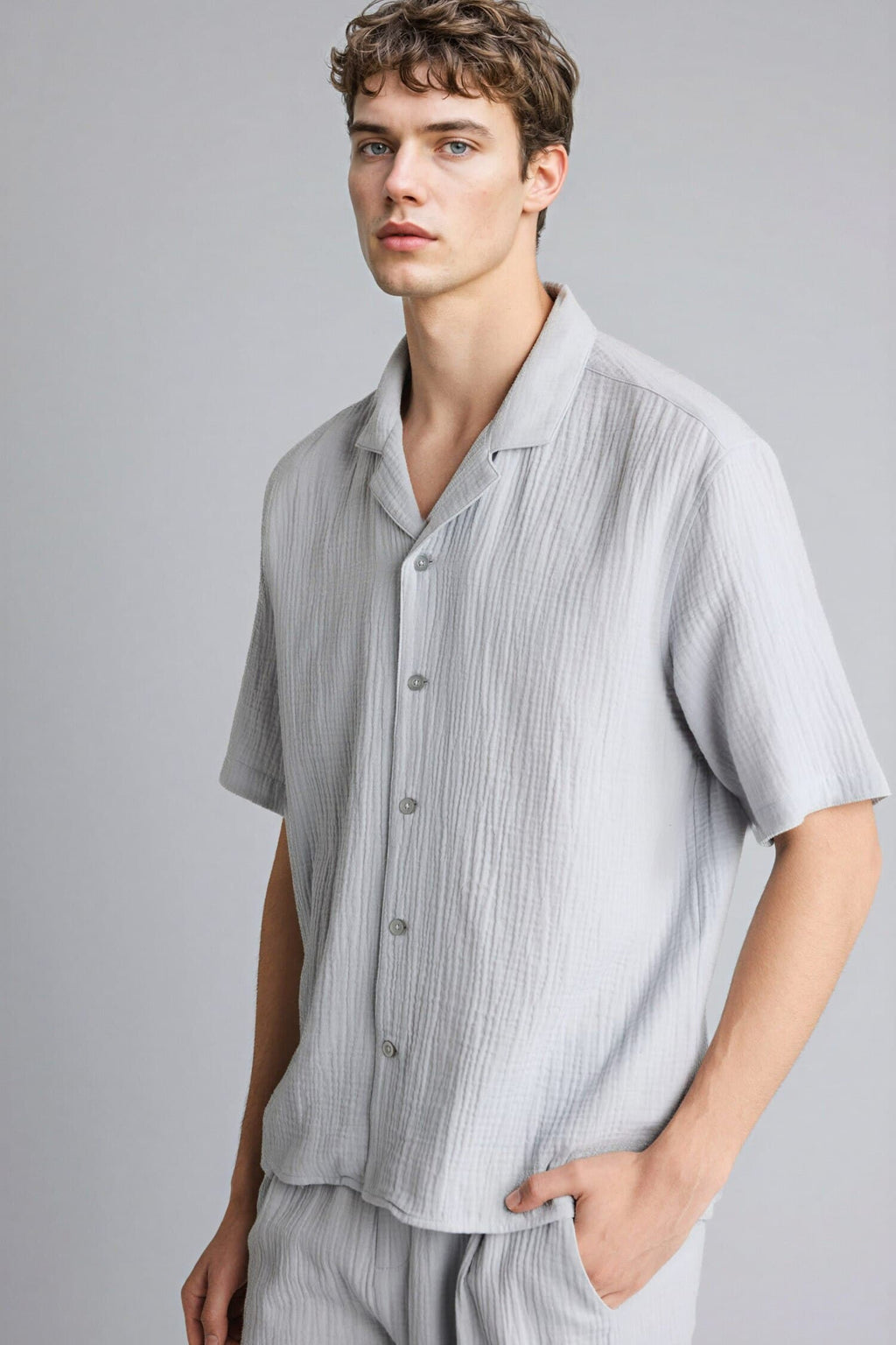 100% Cotton Relax Fit Polo Collar Cotton Summer Muslin Short Sleeve Shirt