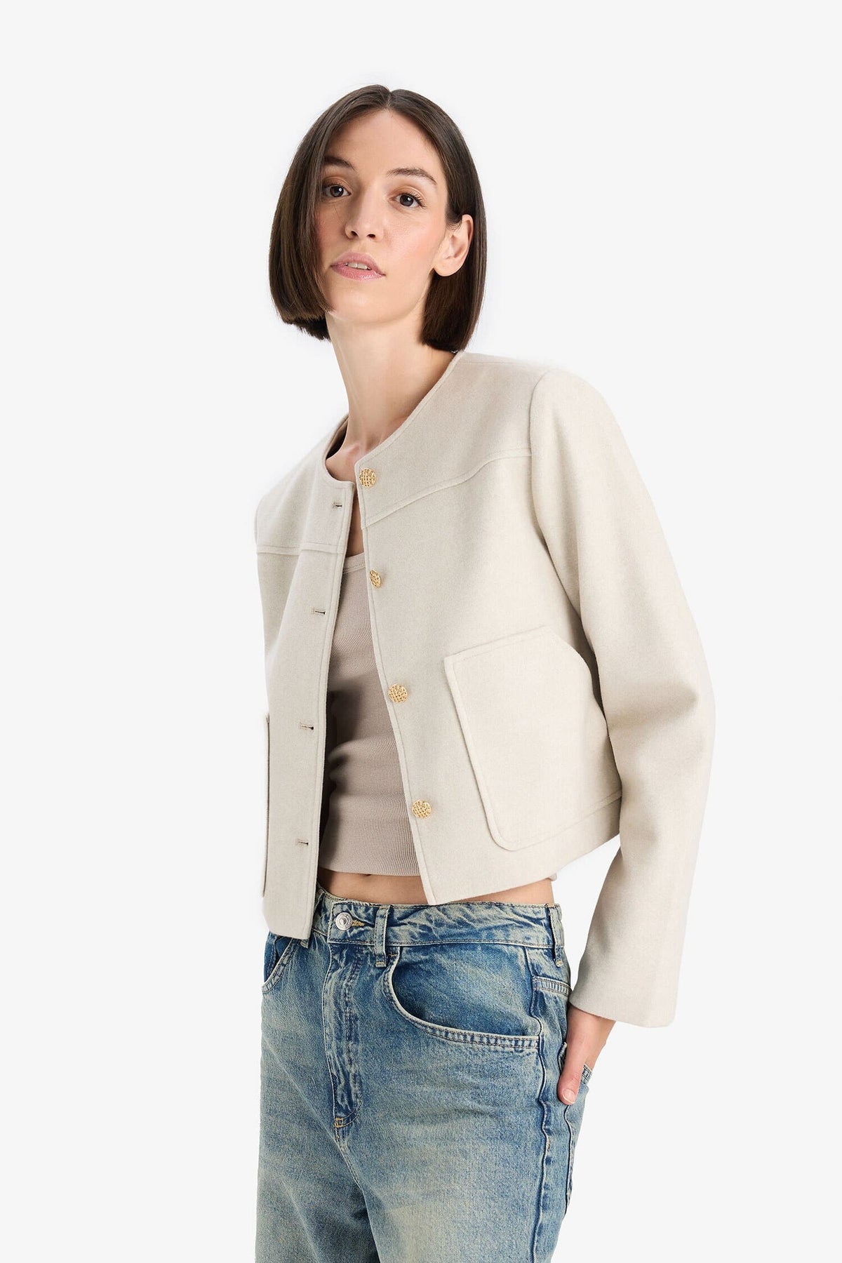 Crop Crew Neck Button-Down Blazer Jacket Main image