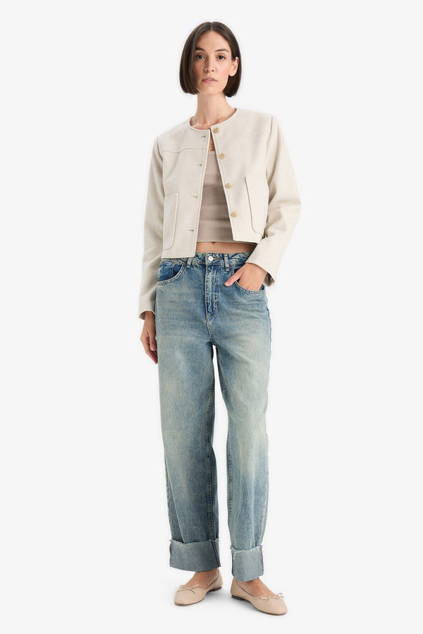 Crop Crew Neck Button-Down Blazer Jacket