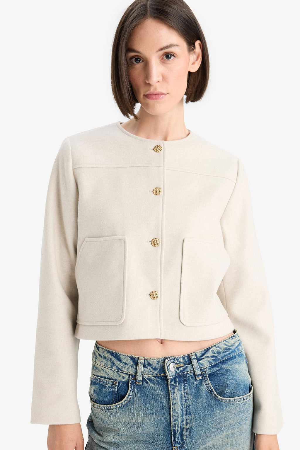 Crop Crew Neck Button-Down Blazer Jacket