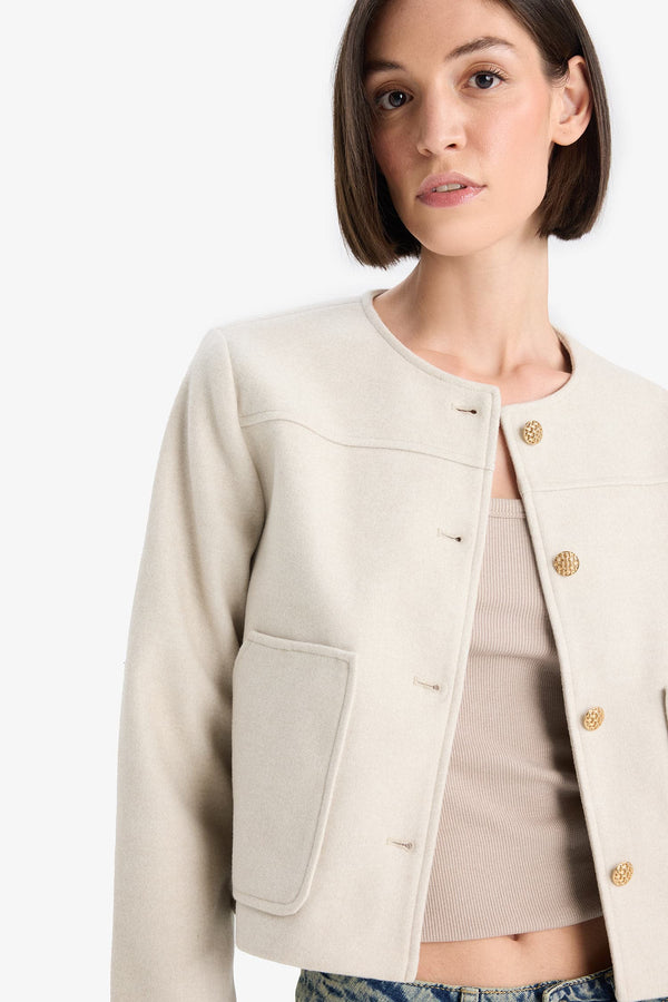 Crop Crew Neck Button-Down Blazer Jacket