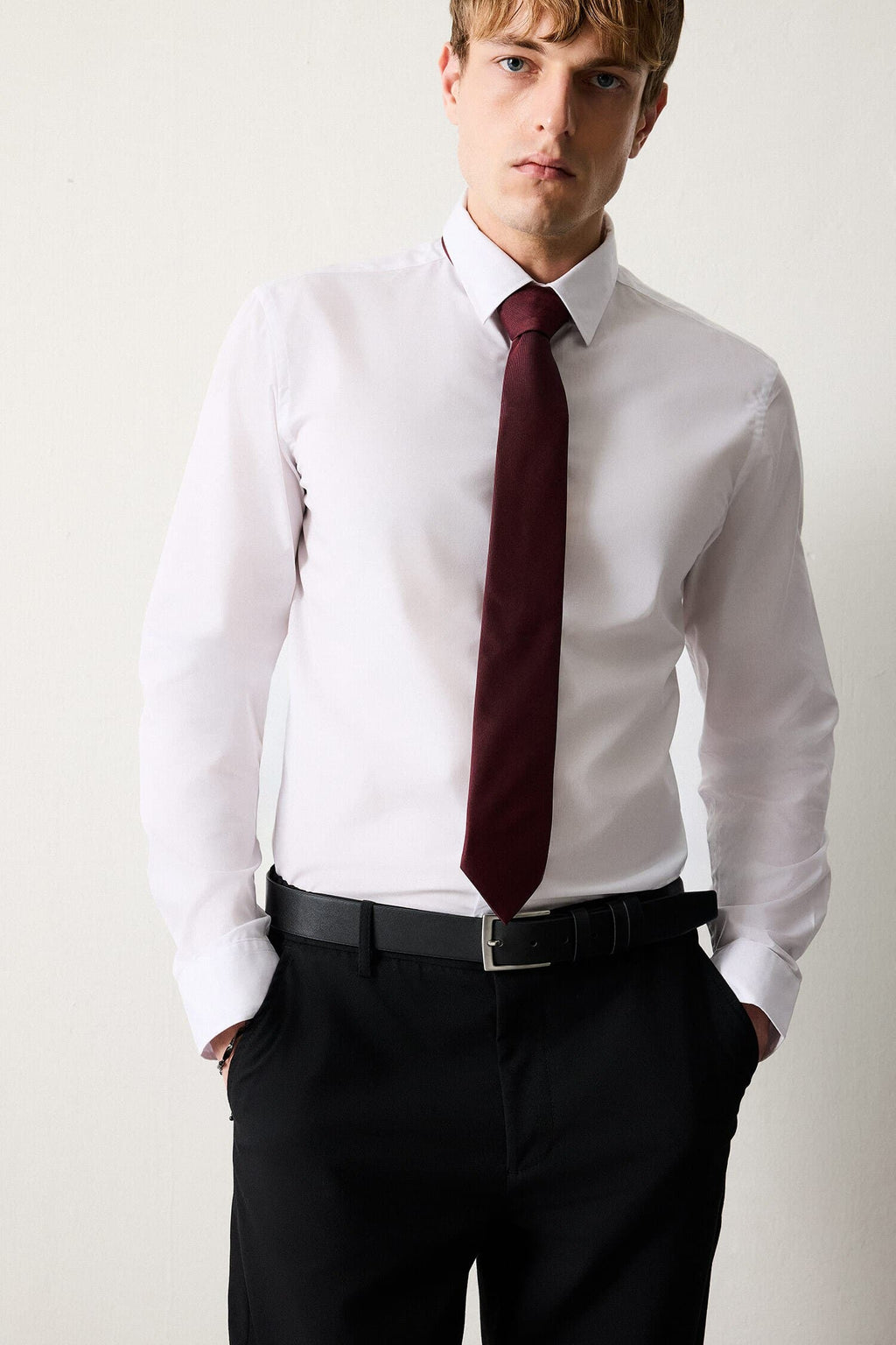 Slim Fit Polo Collar Poplin Long Sleeve Shirt