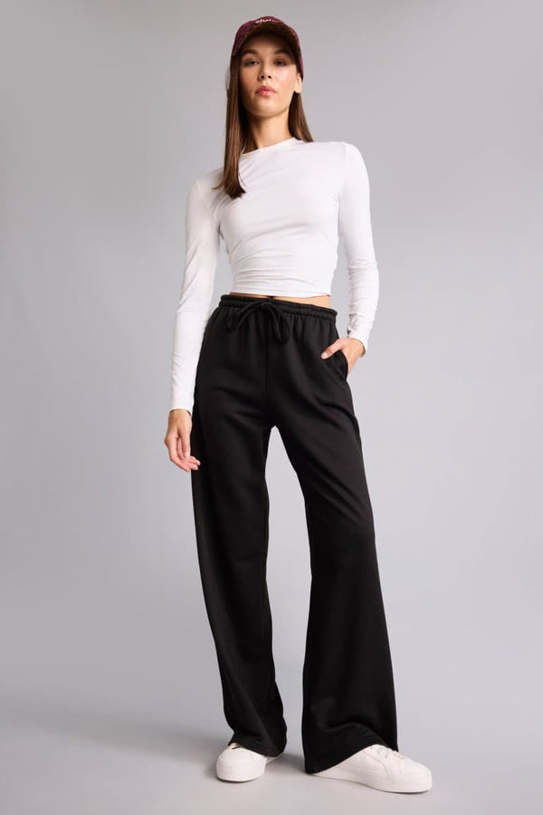 Straight Fit Tied Waist Basic Plain Wide Leg Sweatpants
