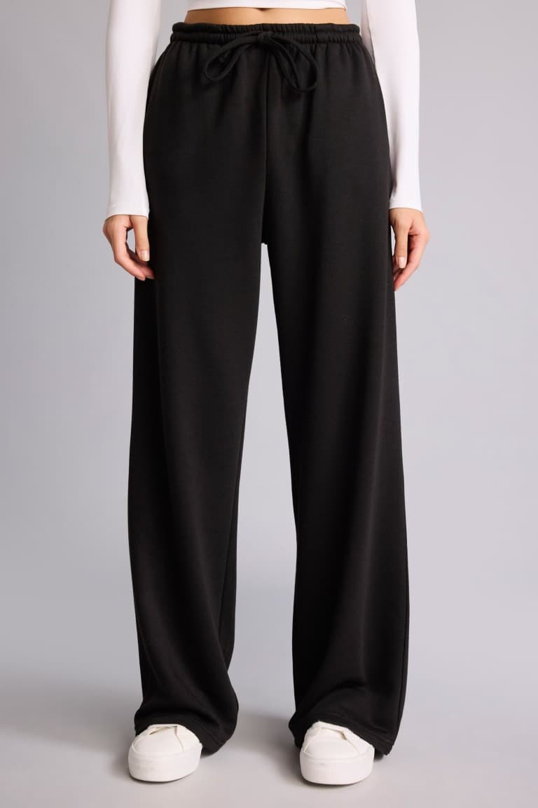 Straight Fit Tied Waist Basic Plain Wide Leg Sweatpants