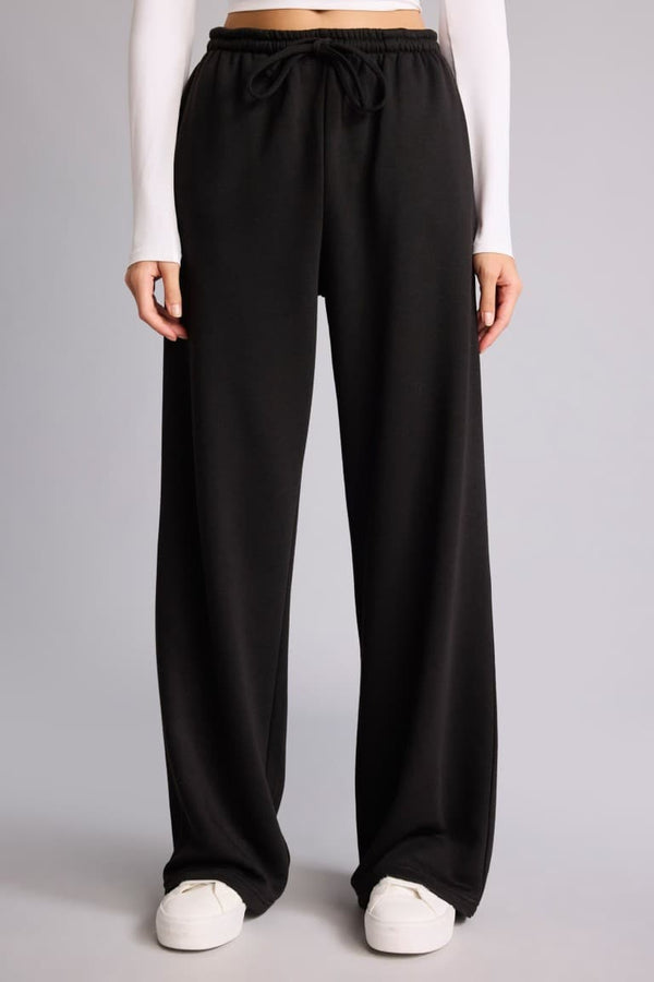 Straight Fit Tied Waist Basic Plain Wide Leg Sweatpants