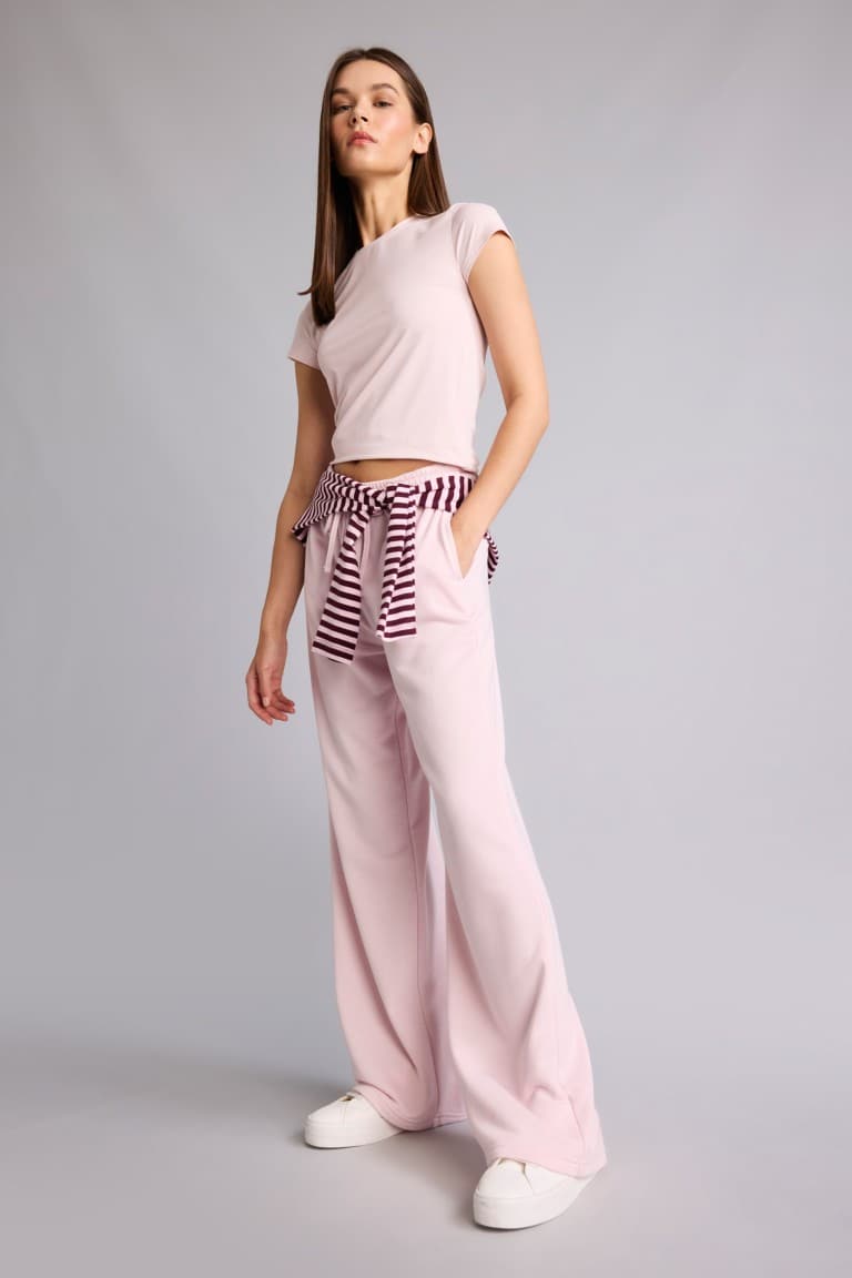 Straight Fit Tied Waist Basic Plain Wide Leg Sweatpants