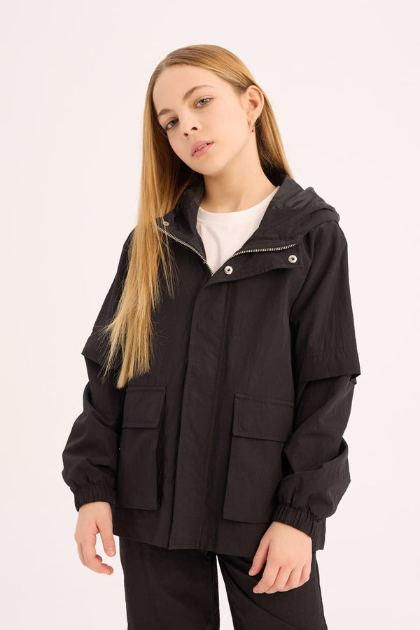 Water Repellent Hooded Zipper Snap Pocket Raincoat Girls