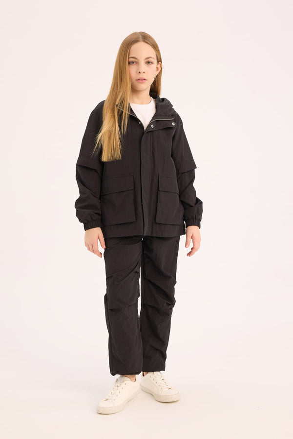Water Repellent Hooded Zipper Snap Pocket Raincoat Girls